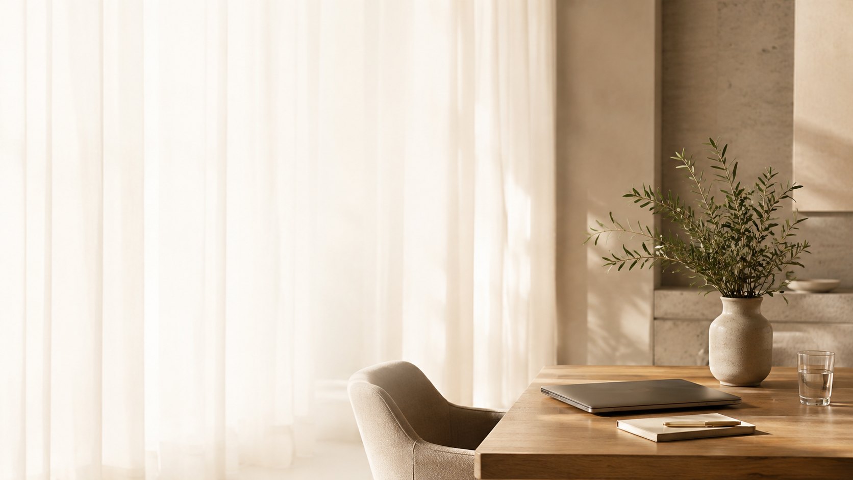 Rustig, licht kantoorinterieur met houten tafel, olijftak en zacht daglicht