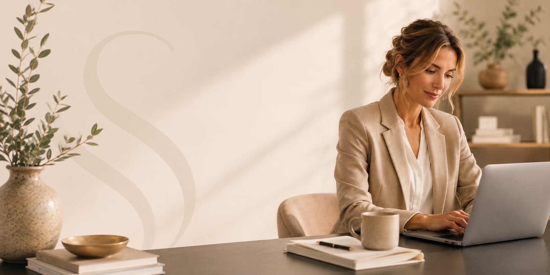 A woman works on a laptop at a desk in a light, calm office